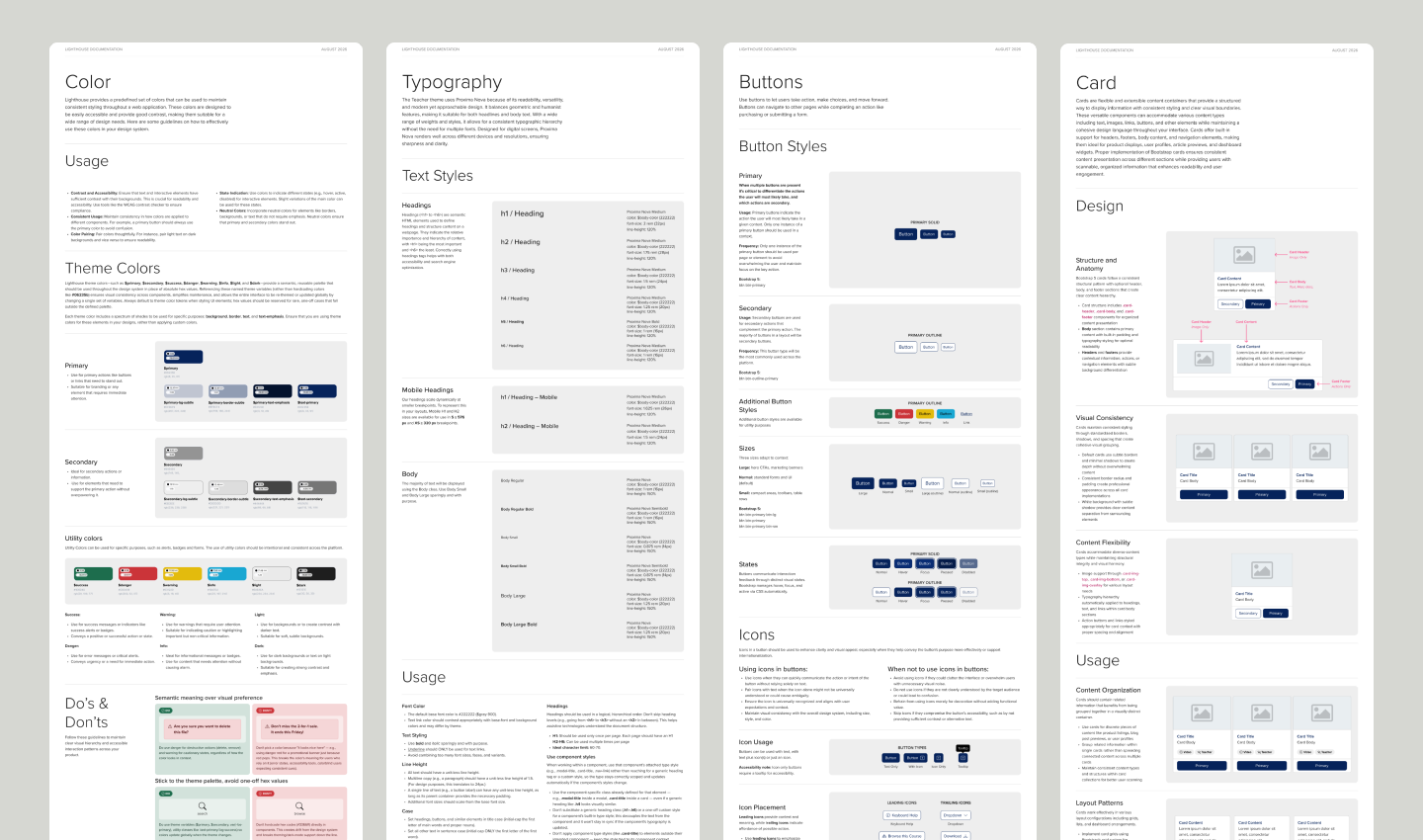 Lighthouse documentation pages for Color, Typography, Buttons and Card