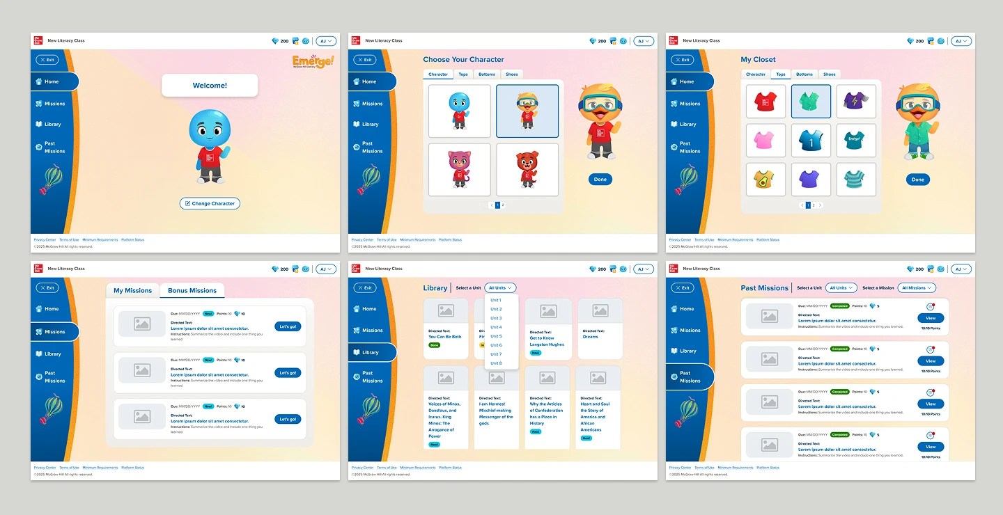 Emerge! screens: welcome, choose your character, my closet, missions, library and past missions